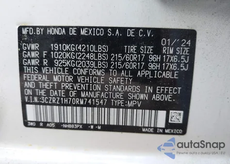 2024 Honda Hr-V 2Wd Ex-L/2Wd Ex-L W/O Bsi from USA, damaged, VIN 3CZRZ1H70RM741547